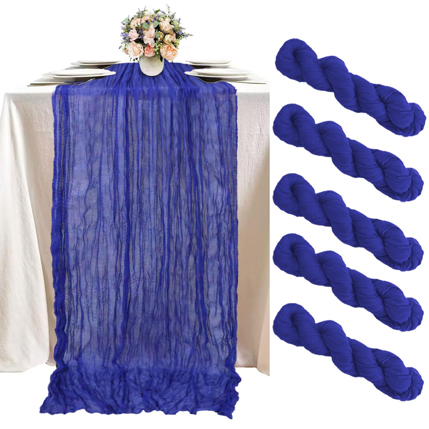 FUHSY Blue Cheesecloth Table Runner 5 Pack 10FT Cheese Cloth Table Runner Rustic Gauze Cheesecloth Table Runner Royal Blue Runners for Tables Boho Table Decorations for Wedding Birthday Party Events