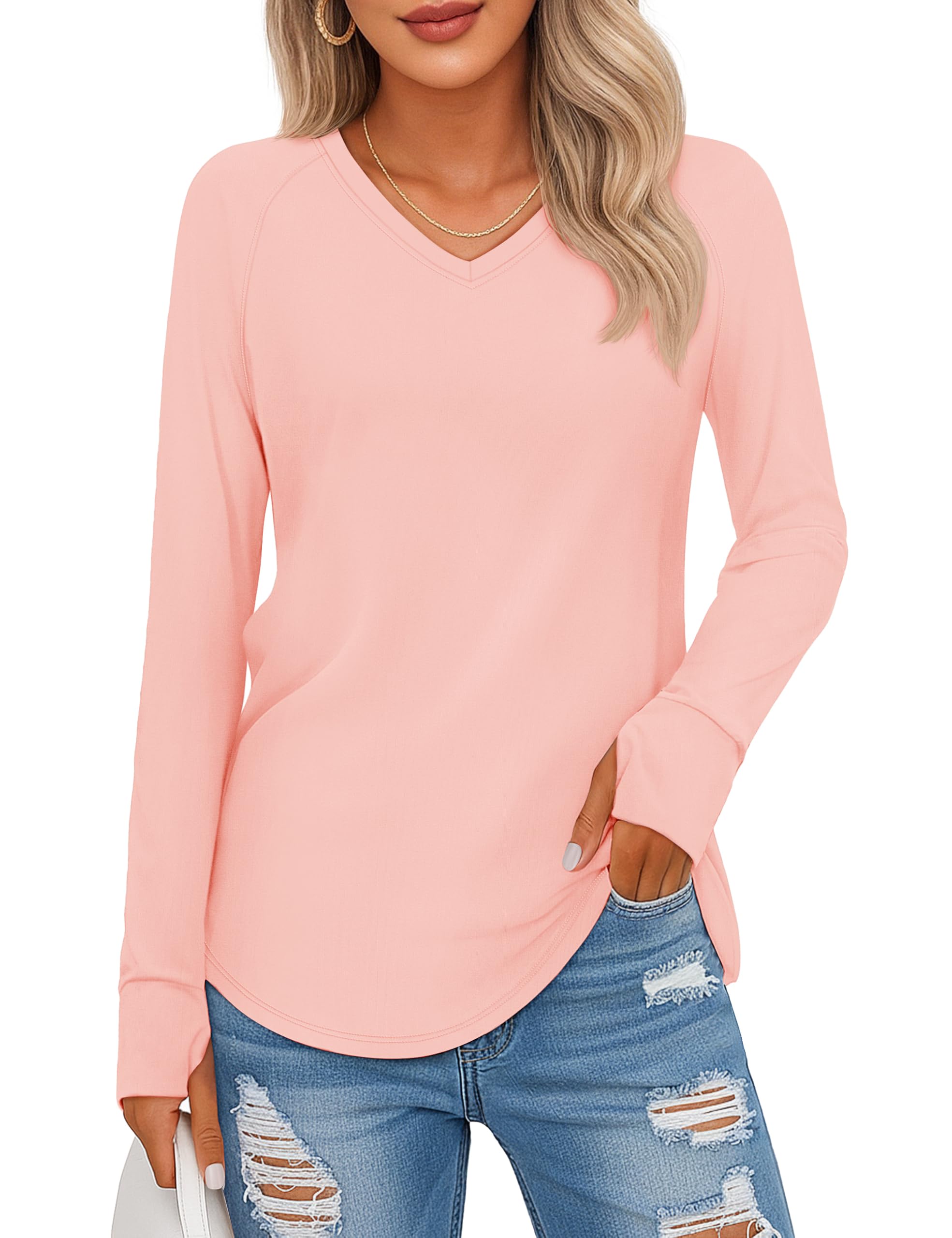 YUCOLEN Womens Tunic Tops for Leggings Loose Fit Long Sleeve Shirts with Thumb Holes Cotton V-Neck T-Shirts