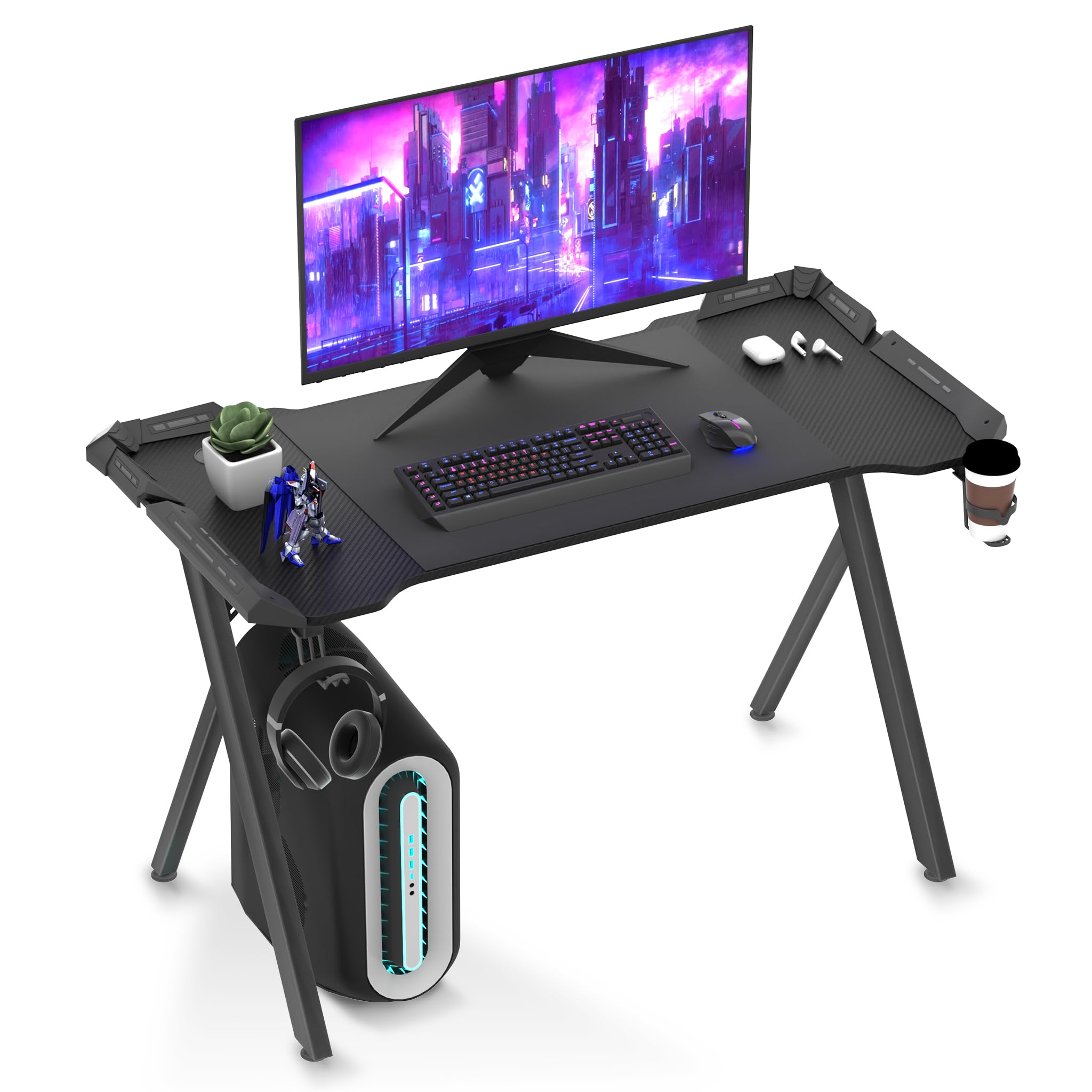 XMTECH Gaming Tisch Schwarz mit RGB LED, Carbon Tischplatte, 120 cm PC Schreibtisch, Computertisch, Y-förmige Beine, ergonomisch, Becherhalter & Kopfhörerhaken, für Gaming, Streaming & Homeoffice