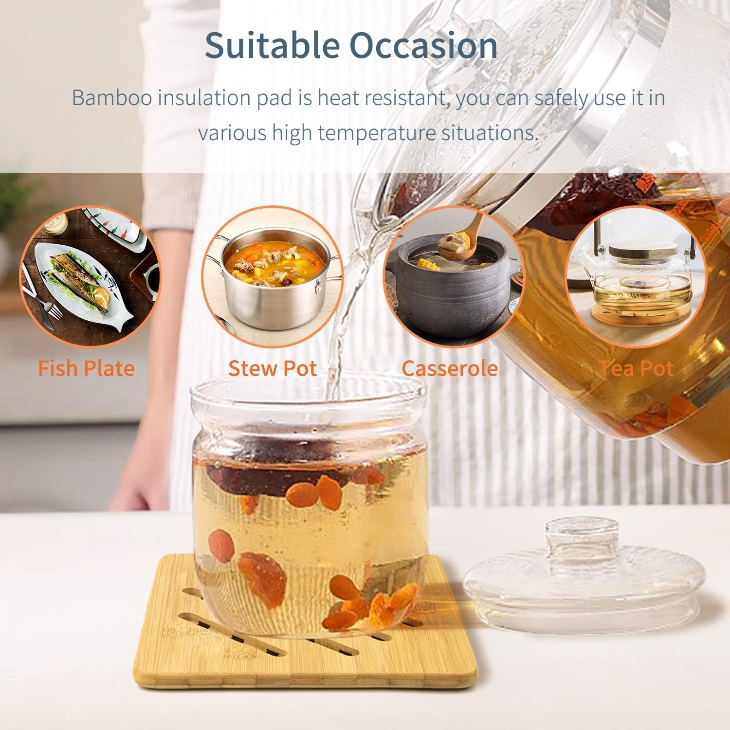 Hot Pads Trivet,Table Solid Bamboo Wood Trivets for Hot Dishes and Pot with Non-Slip Pads Heat Resistant Pads Teapot Trivet 4pcs(Multi Size,2 Square 2 Round)