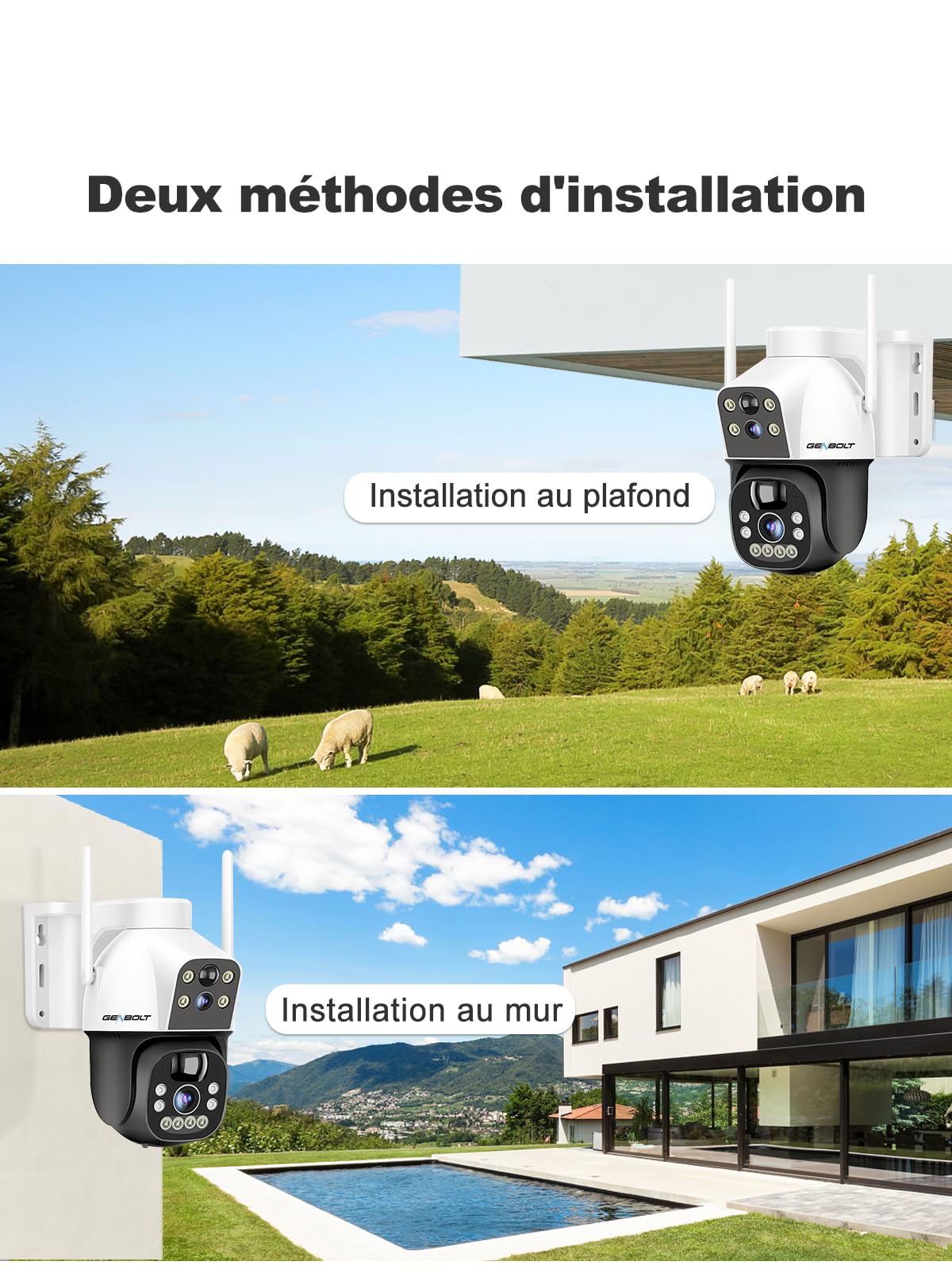 GENBOLT 4G AOV Solaire Caméra De Surveillance Extérieur sans Fil, Enregistrement 24/7 3MP+3MP IP SIM Caméra Surveillance Batterie avec détection IA, 8W 15600mAh Caméra CCTV