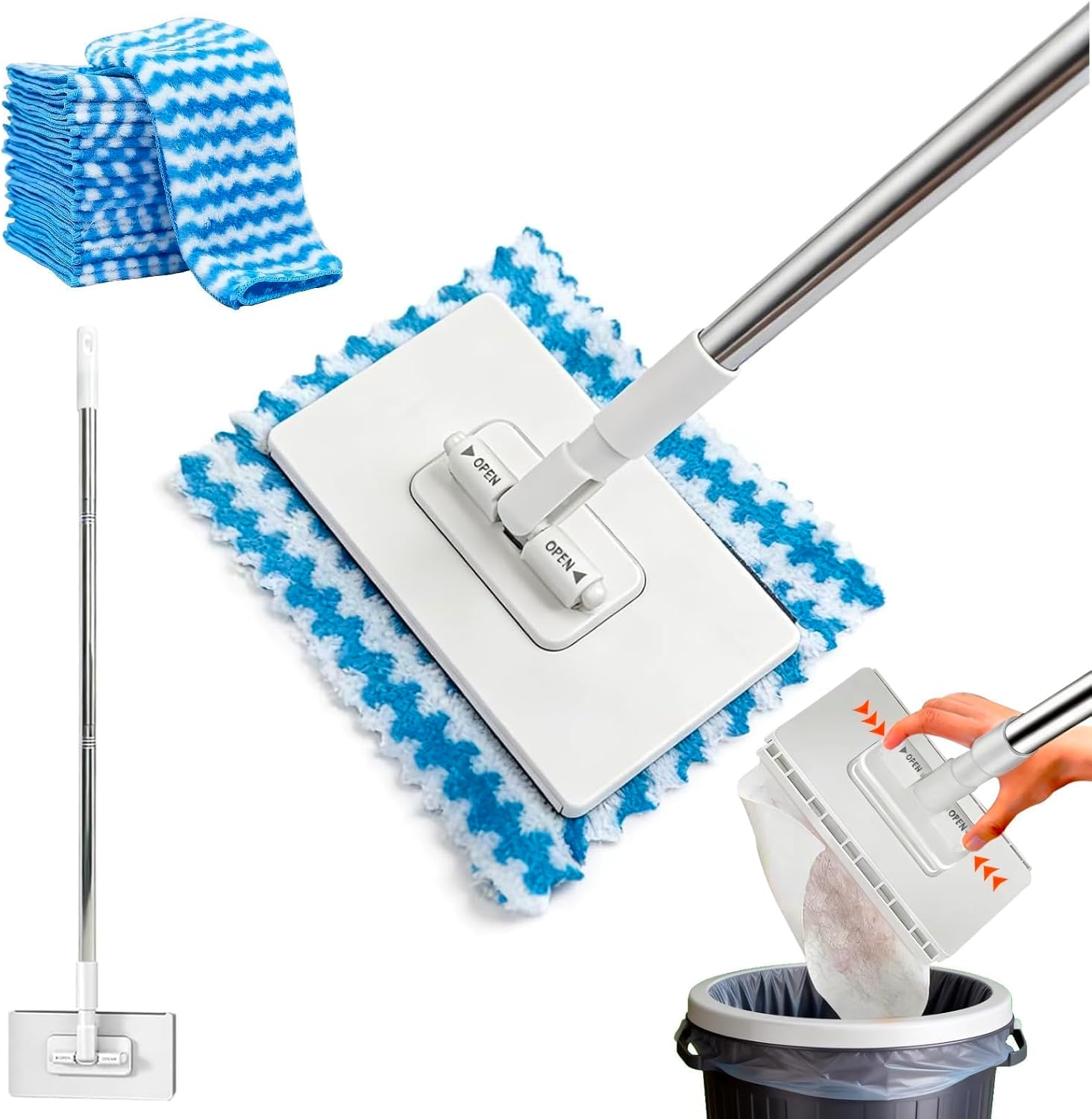 Snap Grip Mini Mop, Hands Free Flat Disposable Lazy Mop | One-Click Cloth Change, Compatible with Face Towels, Adjustable for Wet/Dry Floors, Tile, Hardwood, Corners (10 Cloths)