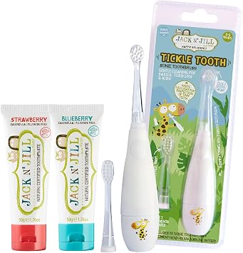 Jack N Jill Tickle Tooth Toddler Toothbrush & Toothpaste Set - Baby Electric Toothbrush, Natural Certified Toothpaste for Kids, Formulated for Tiny Teeth, Natural Flavor Strawberry & Blueberry