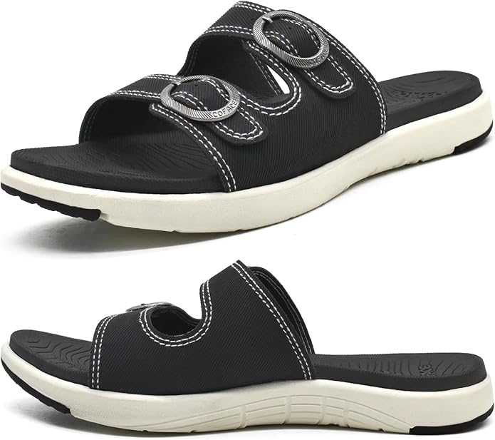 COFACE Womens Orthotic Slides Comfort Plantar Fasciitis Arch Support Slip on Flat Sandals Ladies Soft Cushion Fashion Yoga Mat Slippers With Adjustable Straps