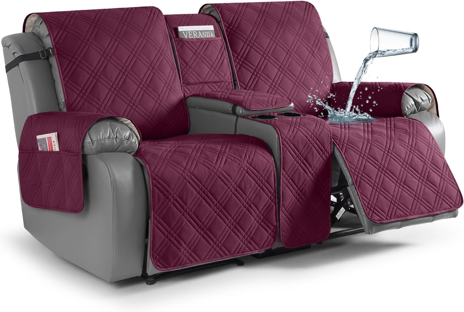 TAOCOCO Polyester Loveseat Recliner Cover With Center Console, Waterproof Pet Protector for Dual Reclining Furniture, Split Design With Straps (2 Seater, Wine)