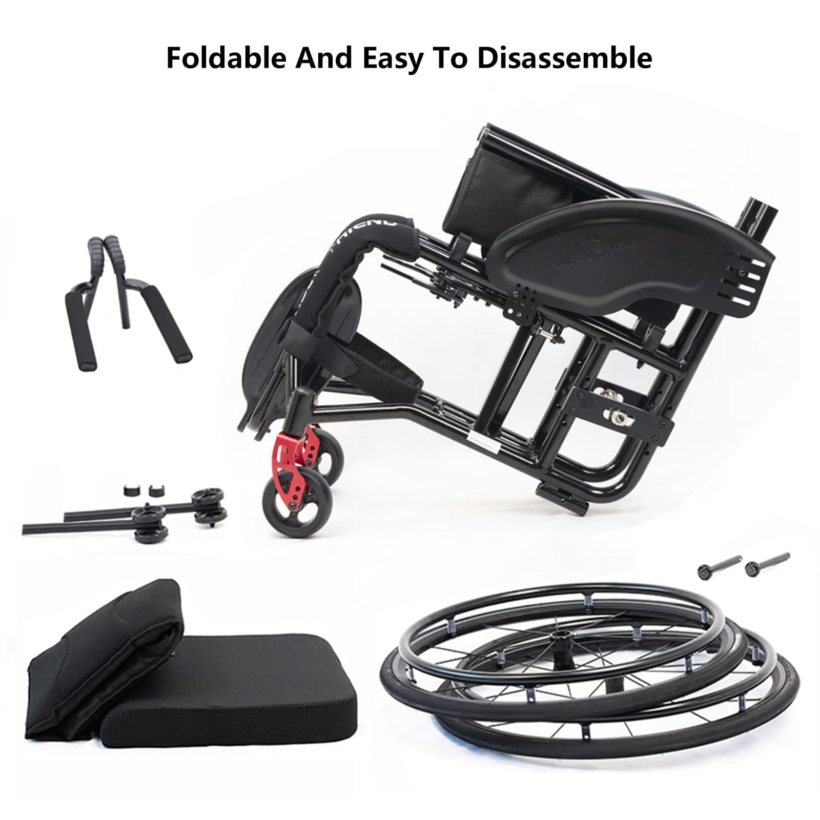 Sedia a rotelle pieghevole portatile con comodo schienale, sedia a rotelle manuale semovente in lega di alluminio, ruote antiribaltamento, deambulatore(40cm/15.7in)