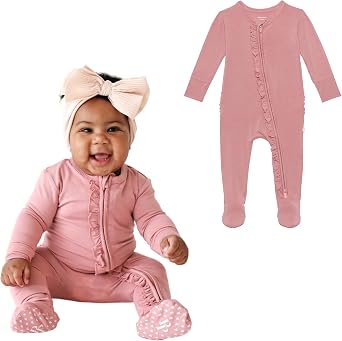 Posh Peanut Footie Pajamas for Baby Girls Sleepers in Ultra-Soft Viscose from Bamboo with 2-Way Zipper & Ruffle Trim