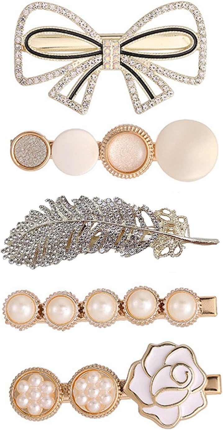 Haibaie 5 Pcs Pearl Acrylic Large Medium Mini Hair Clips Pins Barrette Hair Clips for Women Bow Hair Accessories for women