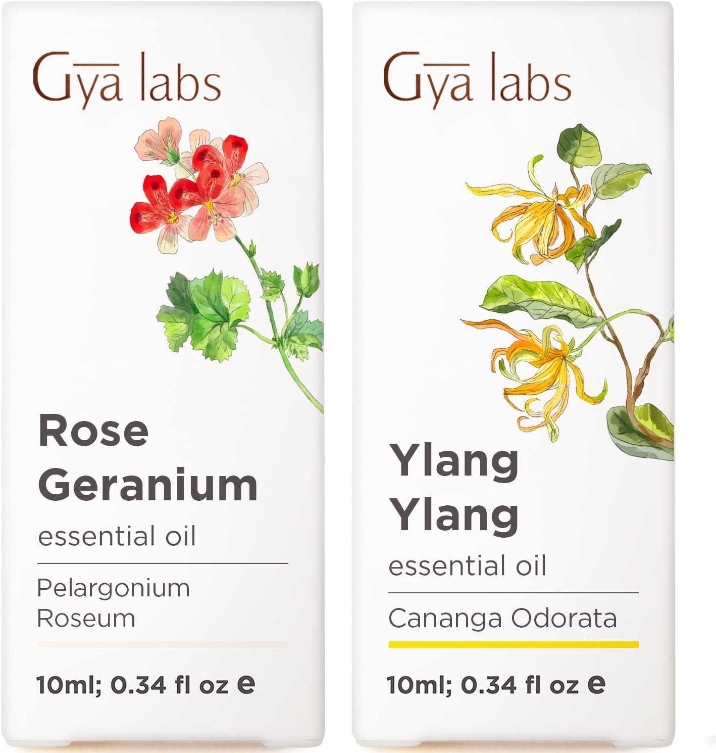 Rose Geranium Oil for Skin & Ylang Ylang Essential Oil for Skin Set - Aromatherapy Grade Essential Oils Set - 2x0.34 fl oz - Gya Labs