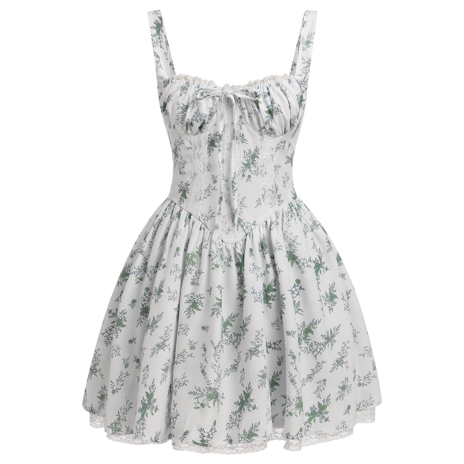 Women's Short Corset Sundress Boho Mini Dress Sleeveless Backless Low Cut Lace Dress Summer: Small White Green Leaves
