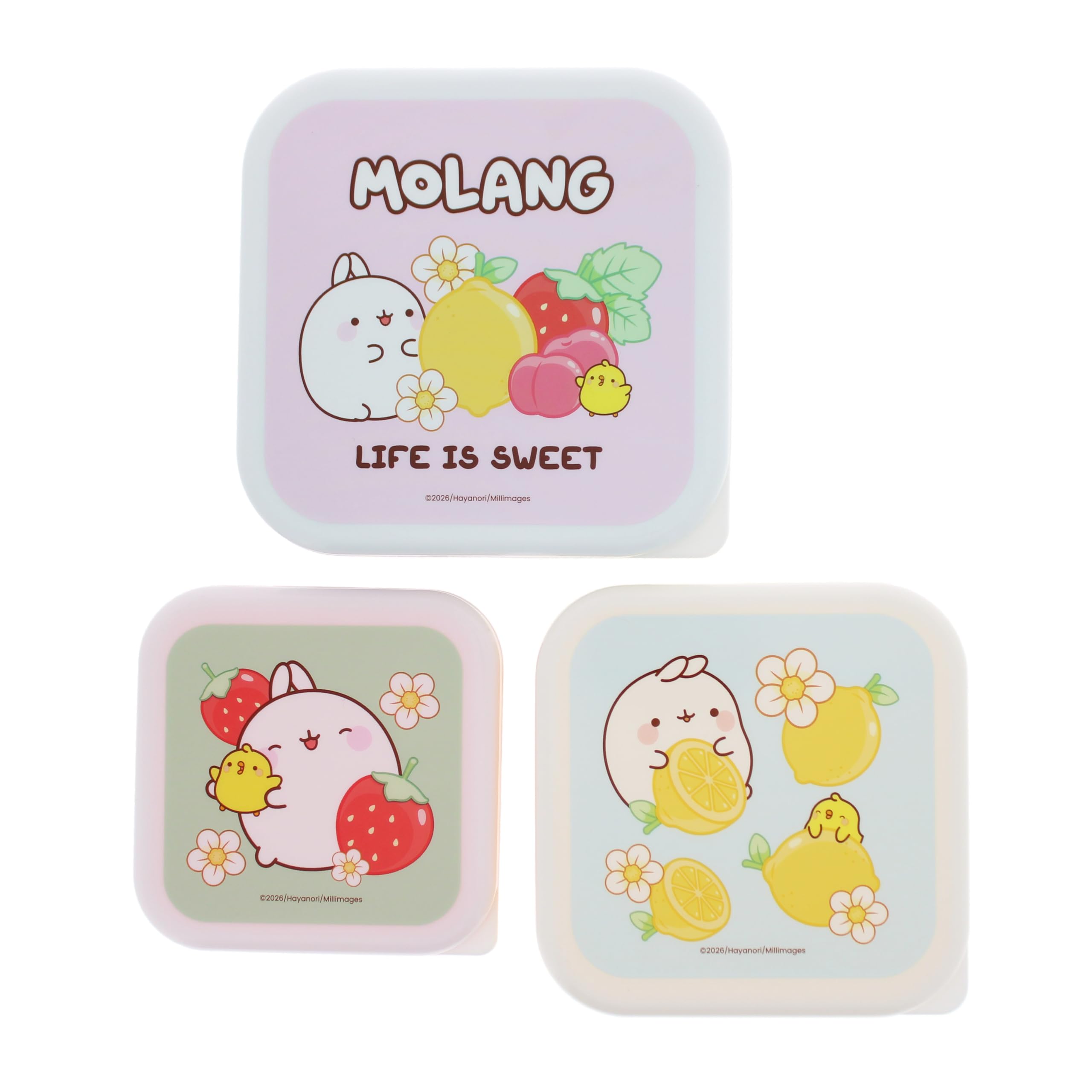 Blueprint Collections Molang Storage Pots | Set of 3 Cute Food Containers with Lids | Colorful Lunch Boxes for Snacks & Meal Prep | Official Molang Kitchen & Gift Accessories
