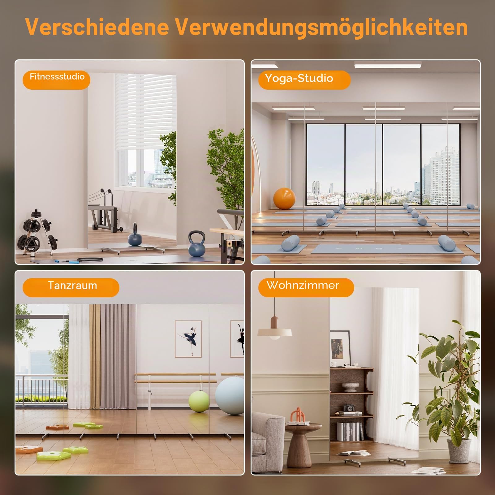 brisafe Glasloser Ganzkörperspiegel 180x100cm, Drehbar, Bruchsicher Schwarz | Leichter Standspiegel mit Rollen, mobil fahrbar; für Fitnessstudio, Tanzstudio, Yoga, Boutique und Home Gym
