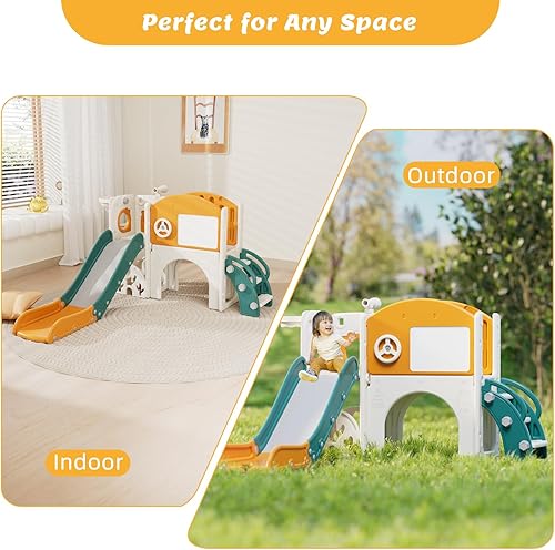 Miniatura 6 de 67i Tobogán infantil para interiores con tabla de dibujo, juego de golf, aro de baloncesto, parque infantil para niños de 1 a 3 años, pasos