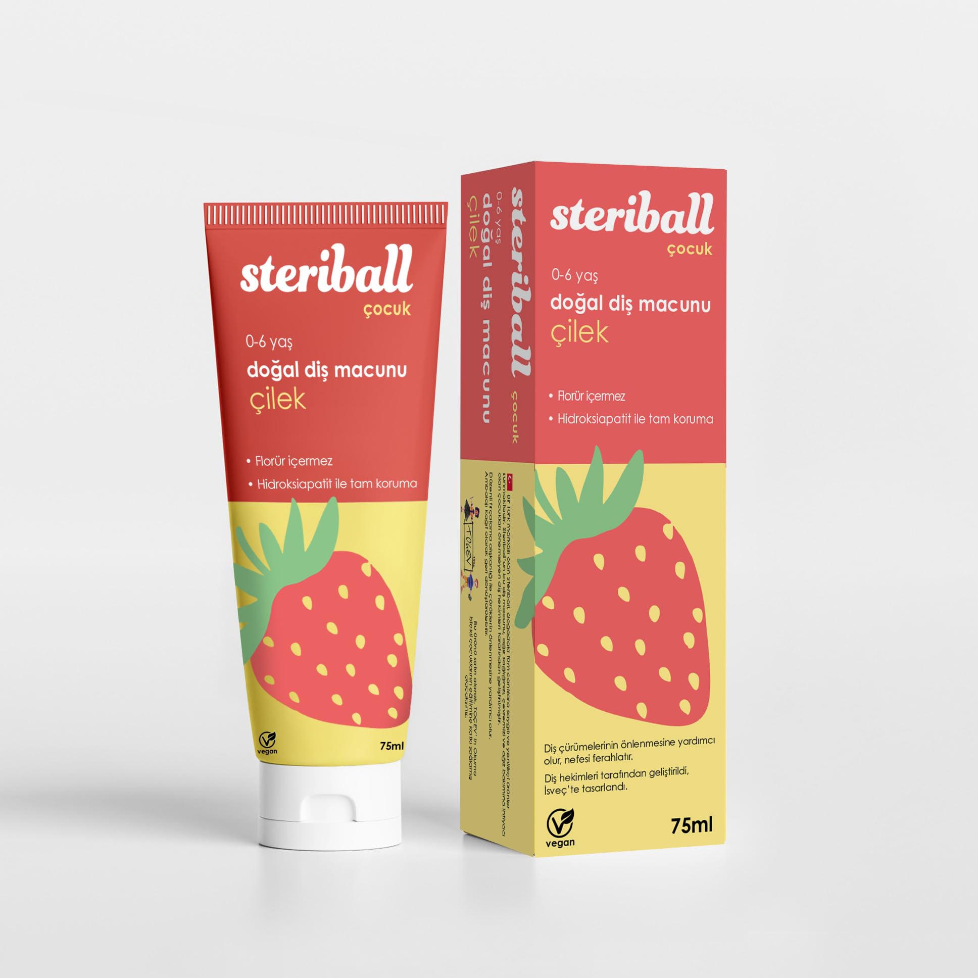 Steriball Doğal Diş Macunu Florürsüz 75 ML - Çilek Florür İçermez, Hidroksiapatit ile Tam Koruma, Vegan