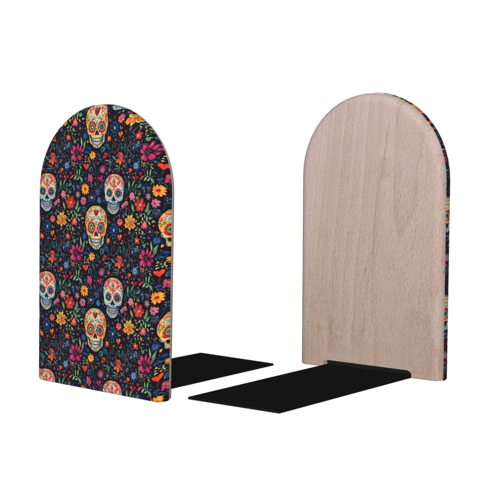 Floral Skull Print BookEnds 1 Pair, Decorative Bookends for Heavy Books, Wood Book Ends for Shelves, Book Organizer for Home Desk Office Supplies