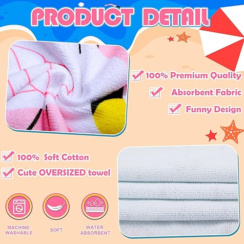 Miniatura 4 de Oudain 4 toallas de playa para niños de 30 x 60 pulgadas, 100% algodón, absorbentes, lindos cactus, flamencos, flores hawaianas y frutas de verano,