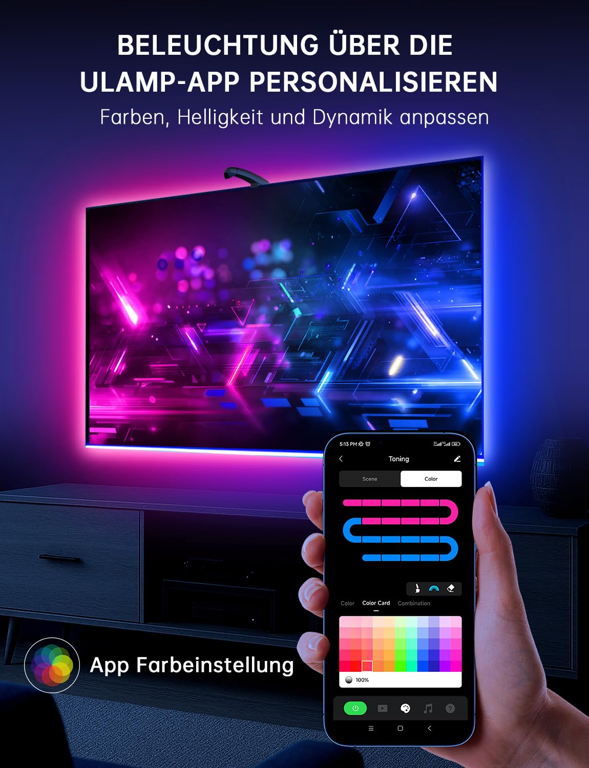 TV Hintergrundbeleuchtung, 4,5 Meter LED Streifen Sync für 55-65 Zoll TVs | TV LED Strip mit Sensor, Smart-App-Steuerung, Spiel & Musik-Sync, RGB-Farbwechsel Streifen für Heimkino