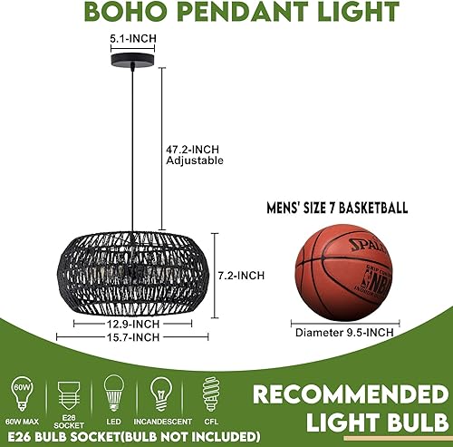 Miniatura 56 de Lámpara de ratán estilo bohemio, lámpara de techo de ratán empotrada, lámpara de techo tejida pequeña de madera, candelabro de ratán