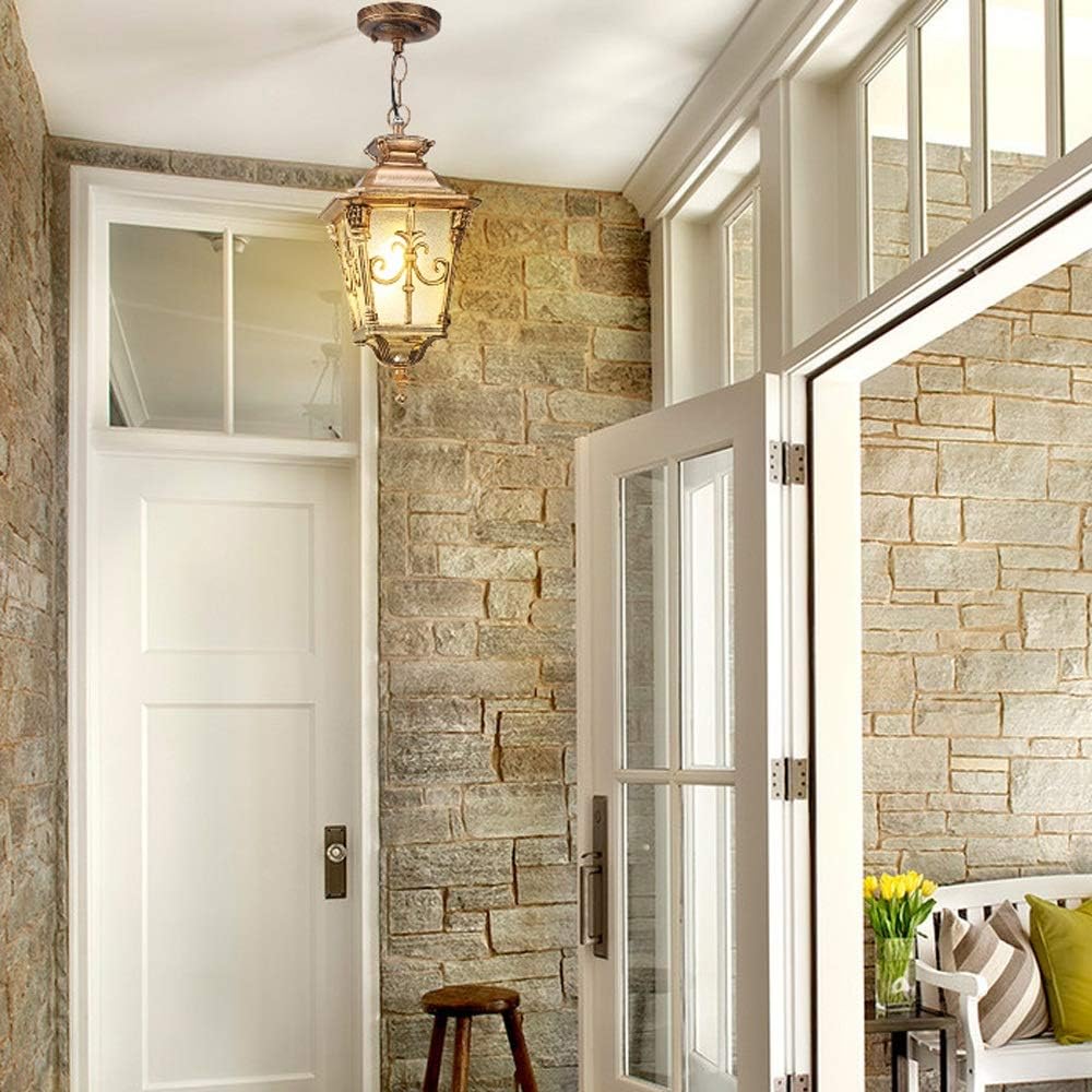 E27 Aluminum Metal Villa Outdoorlight Glass Lantern European Retro Creative Garden Pavilion Patio Chandelier Ip54 Waterproof Balcony Grape Sling Hanging Lamp Adjustable Flush Mount Light/Bronze_H-37Cm