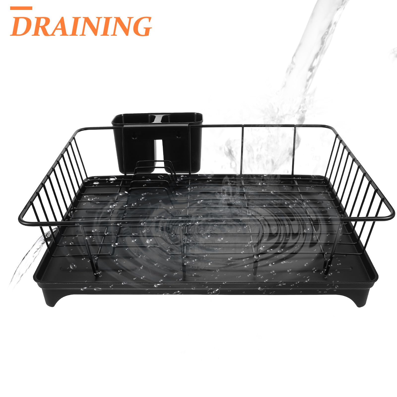 Escurridor de Platos y Porta Utensilios de Cocina Negro Gran Capacidad, Rejilla de Secado de Metal y Soporte para Cubiertos Drenaje Automático