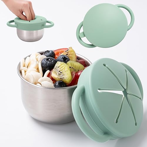 Miniatura 10 de Paquete de 2 recipientes de aperitivos para niños pequeños, vasos de aperitivos de acero inoxidable con atrapador de alimentos y tapas de silicona,