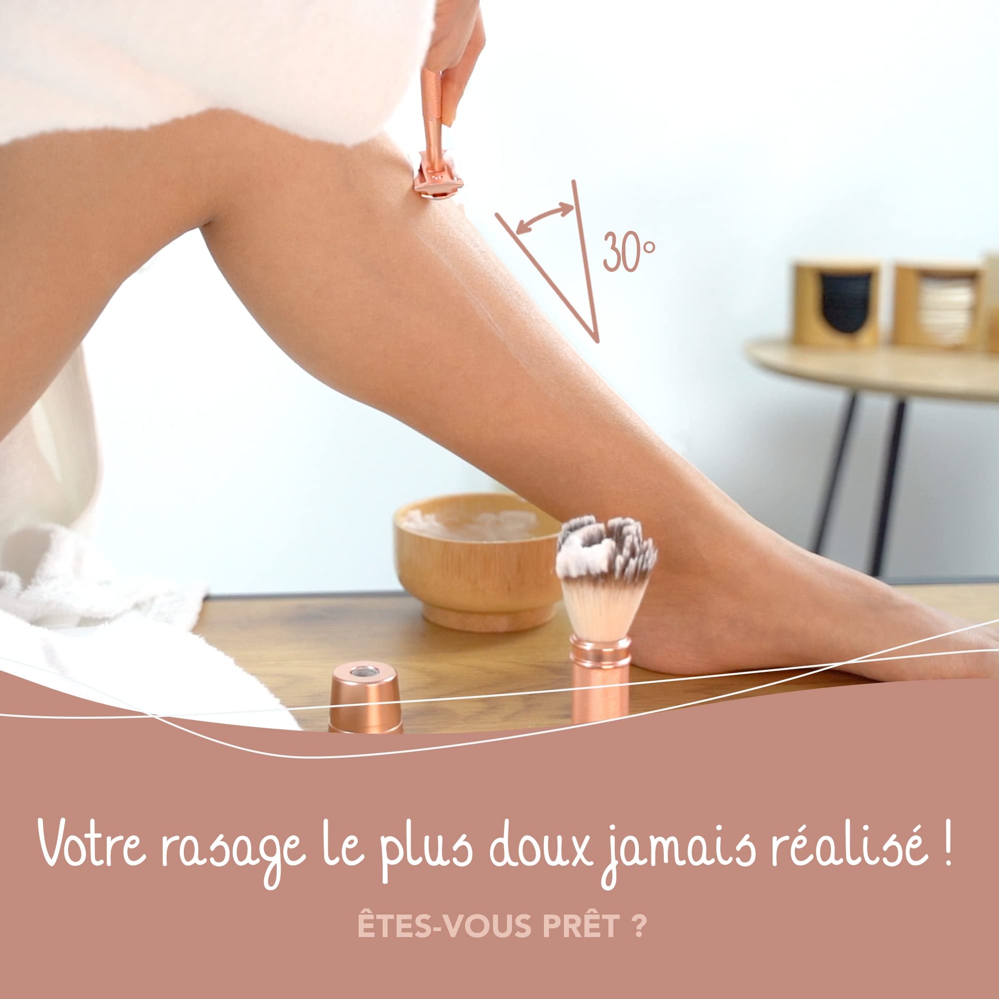 Kit de Rasage Femme Or Rose Aluminium - 20 Lames - Blaireau - Savon à Raser
