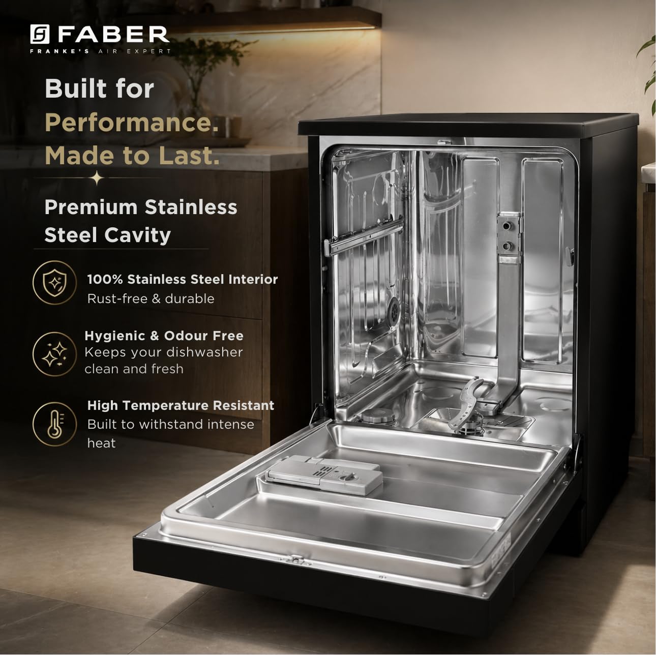 Faber Dishwasher control panel with a hand pressing the delay start button, showing 3h, 6h, and 9h options.