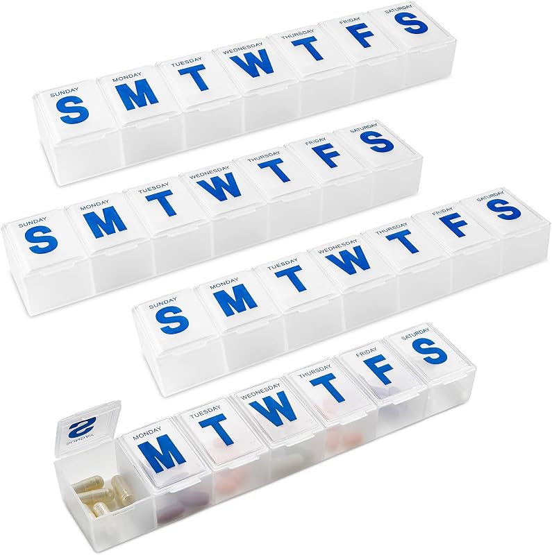 Weekly Pill Organizer - 7-Day Pill Planner Extra Large Pill Planner and Daily Pill Organizer and Medicine Reminder, Monday to Sunday Compartments - BPA Free - Travel Pill Box Case (Pack of 4)