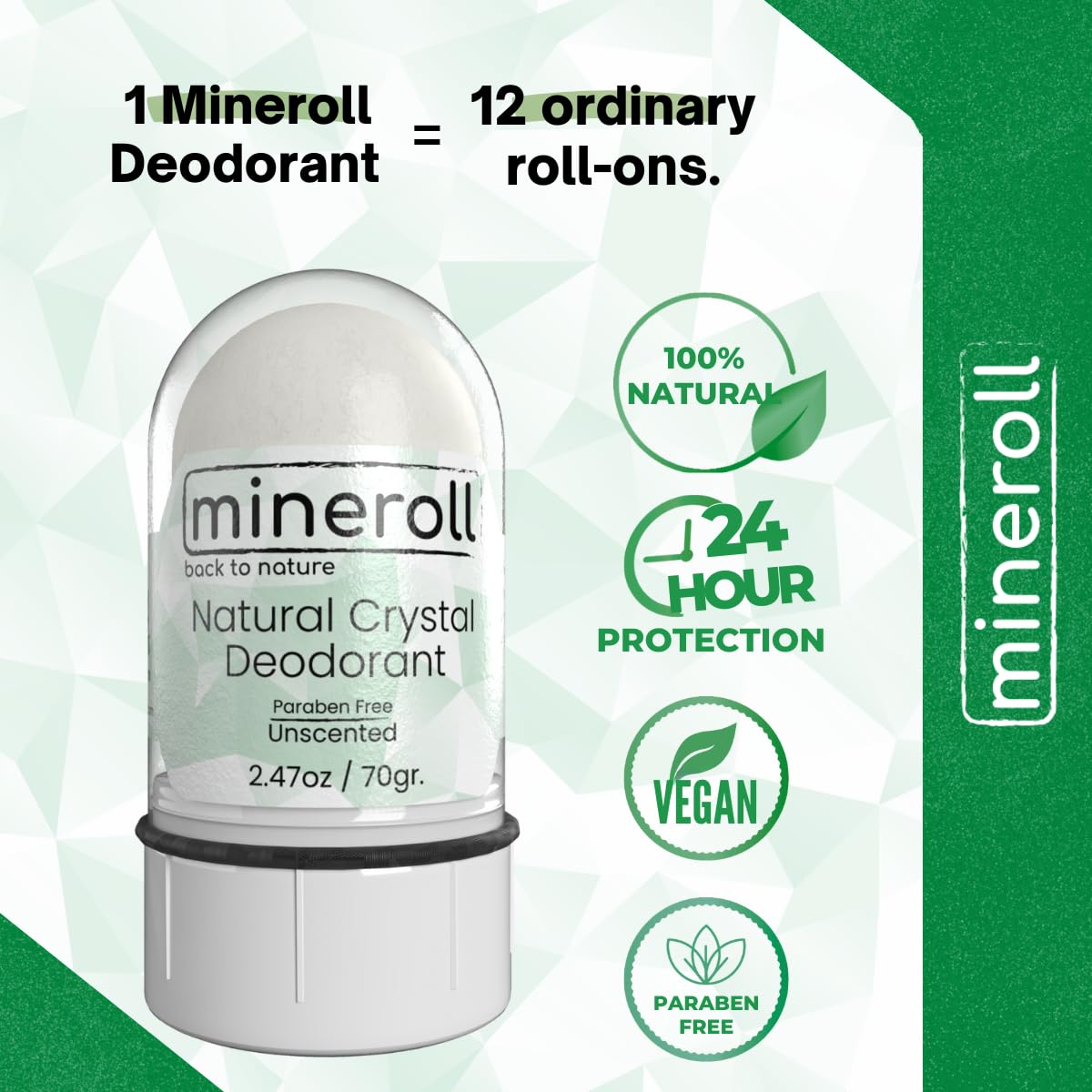 Mineroll Doğal Kristal Deodorant - Vegan, Kokusuz, 24 Saat Koruma, Kadın ve Erkeler İçin - Alum Taş, Mineral Tuz, Roll-on, 70 gr