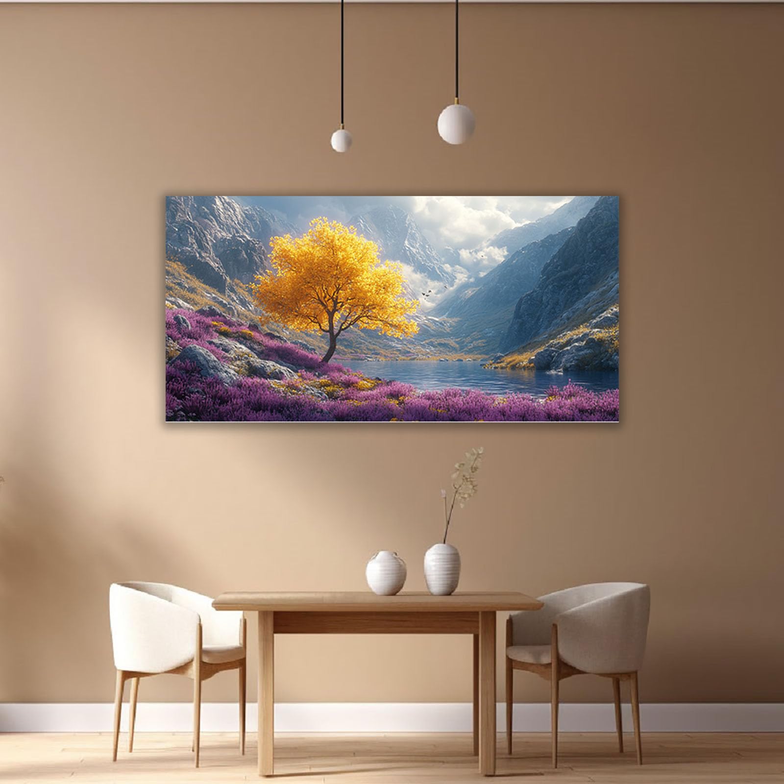 TERUEA Cuadros Decorativos Modernos Floral Brillante Árbol Amarillo Lago Flores Púrpuras Montaña Cuadros Decoracion Salon yoga femenino flor salud Lienzos decorativos（Amarillo-40x80cm Sin marco