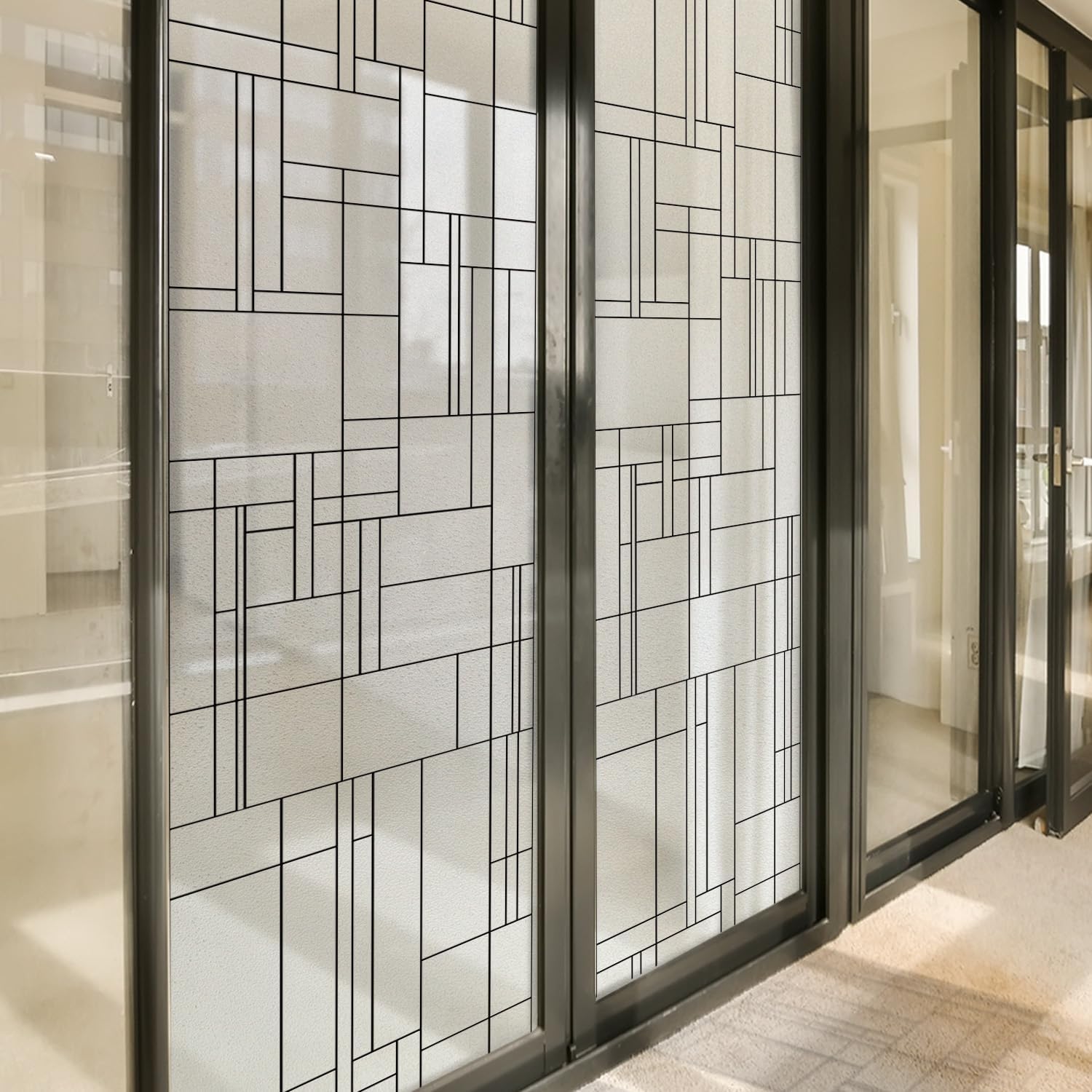 Window Privacy Film Stained Glass Frosted Glass, Static Cling Window Clings Retro Decorative for Bathroom, Home, Front Door Coverings UV Protection Heat Blocking, Lines, 22.83''
