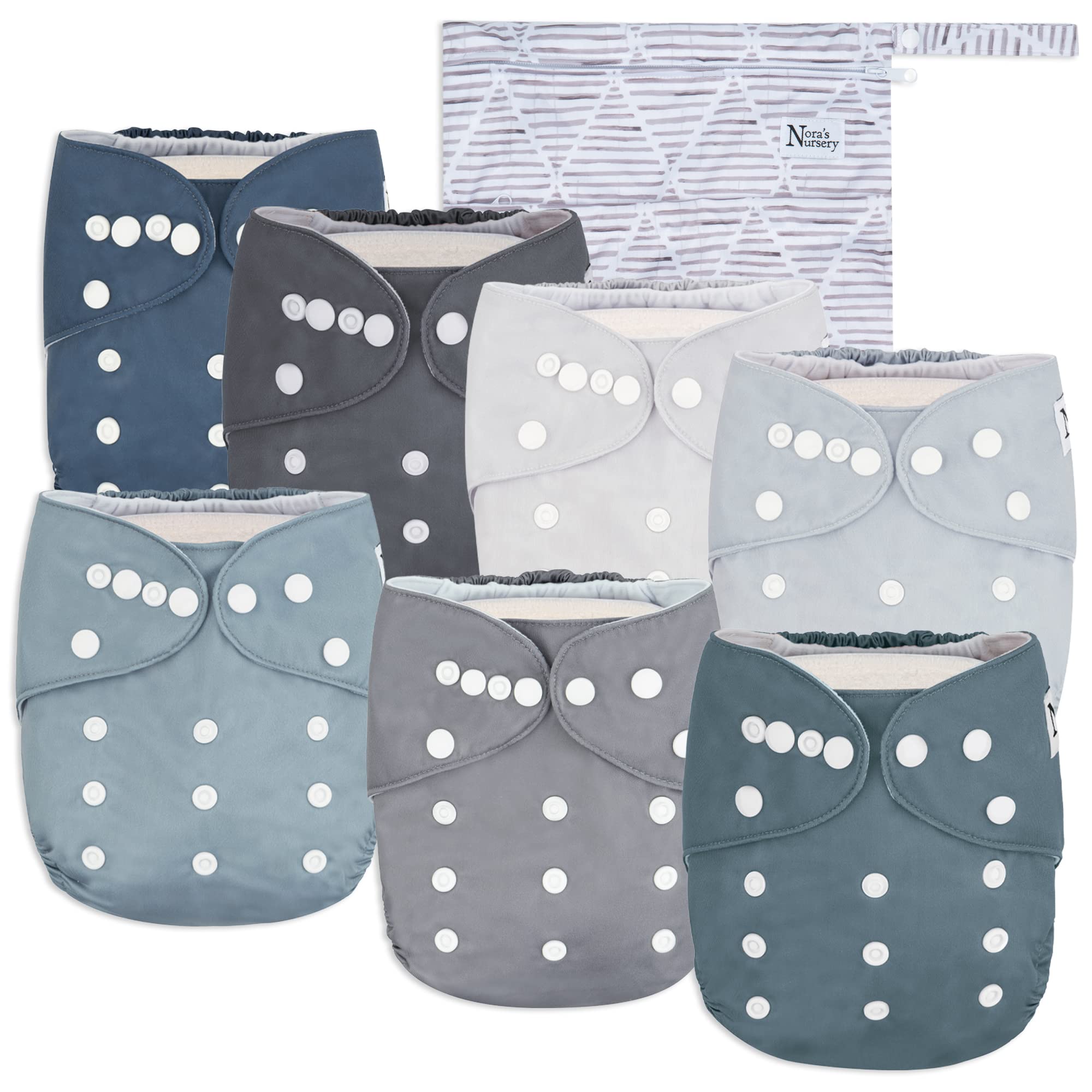 Out to Sea Baby Cloth Pocket Diapers 7 Pack, 7 Bamboo Inserts, 1 Wet Bag by Nora's Nursery