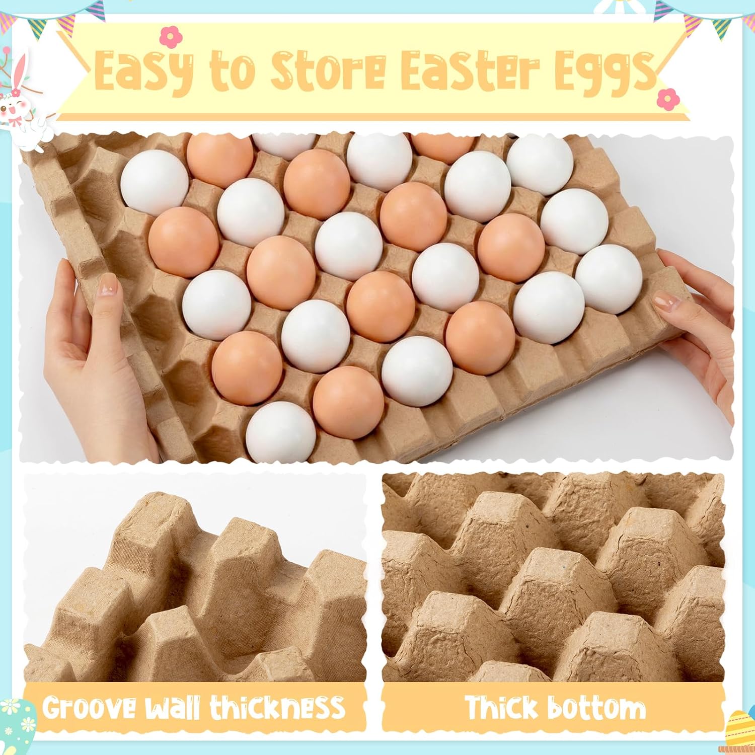 Beeveer 120 Pcs Unpainted Easter Wooden Eggs, Wood Easter Eggs to Paint with Natural Pulp Egg Cartons, Fake Eggs for Easter Egg Decorating, DIY Game, Kitchen Craft Adornment (White,Natural)