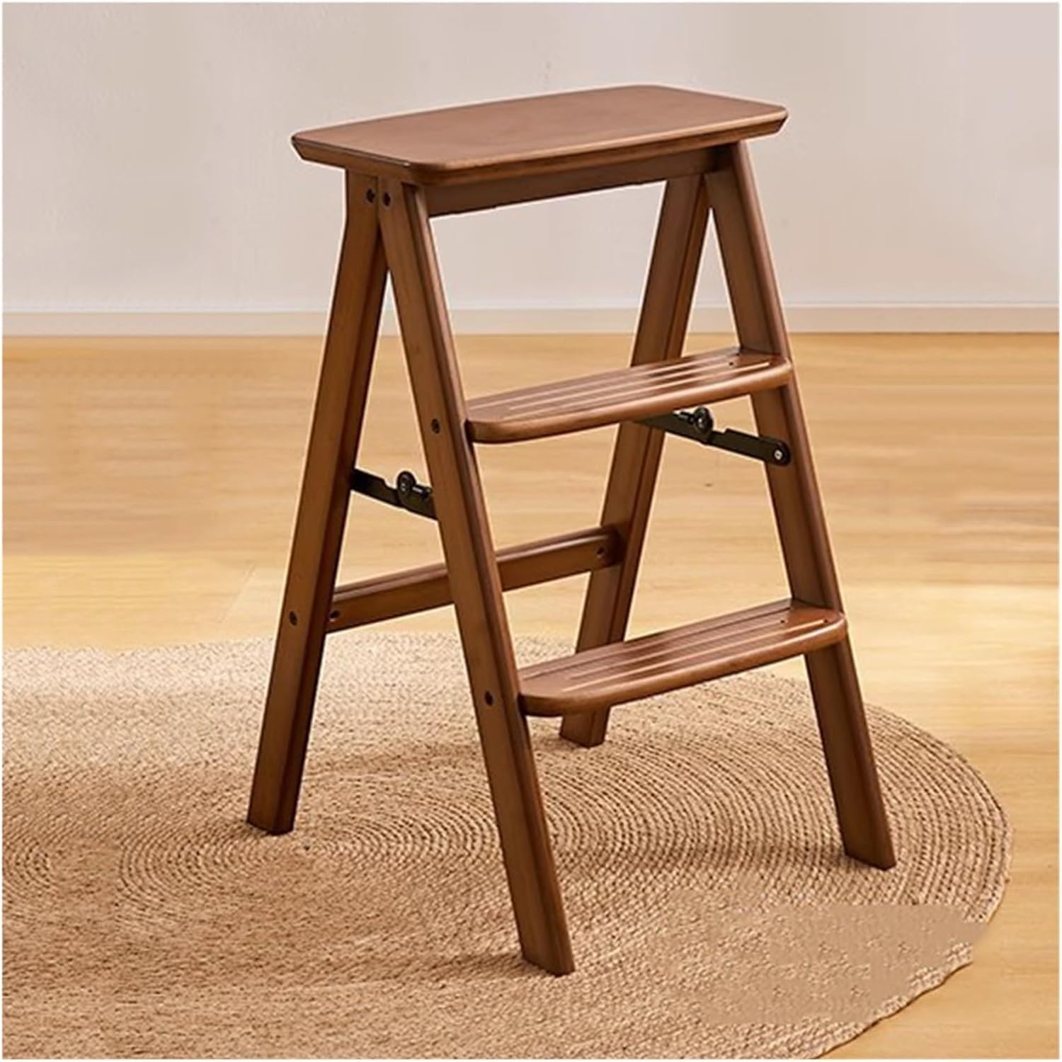3 Step Ladder Folding Wooden Step Stool,2-in-1 Wood Foot Stool Display Storage Shelf Flower Rack for Home Ktichen,Portable Anti-Slip Step Ladder
