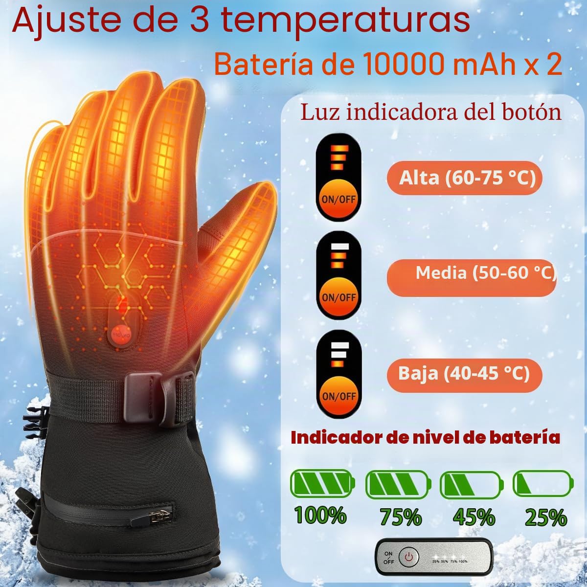 Guantes calefactables con Baterías de 5000mAh*2, 3 Temperatura Ajustables Guantes Calientes Eléctricos Calefactablescon para hombre mujer,Guantes Cálidos