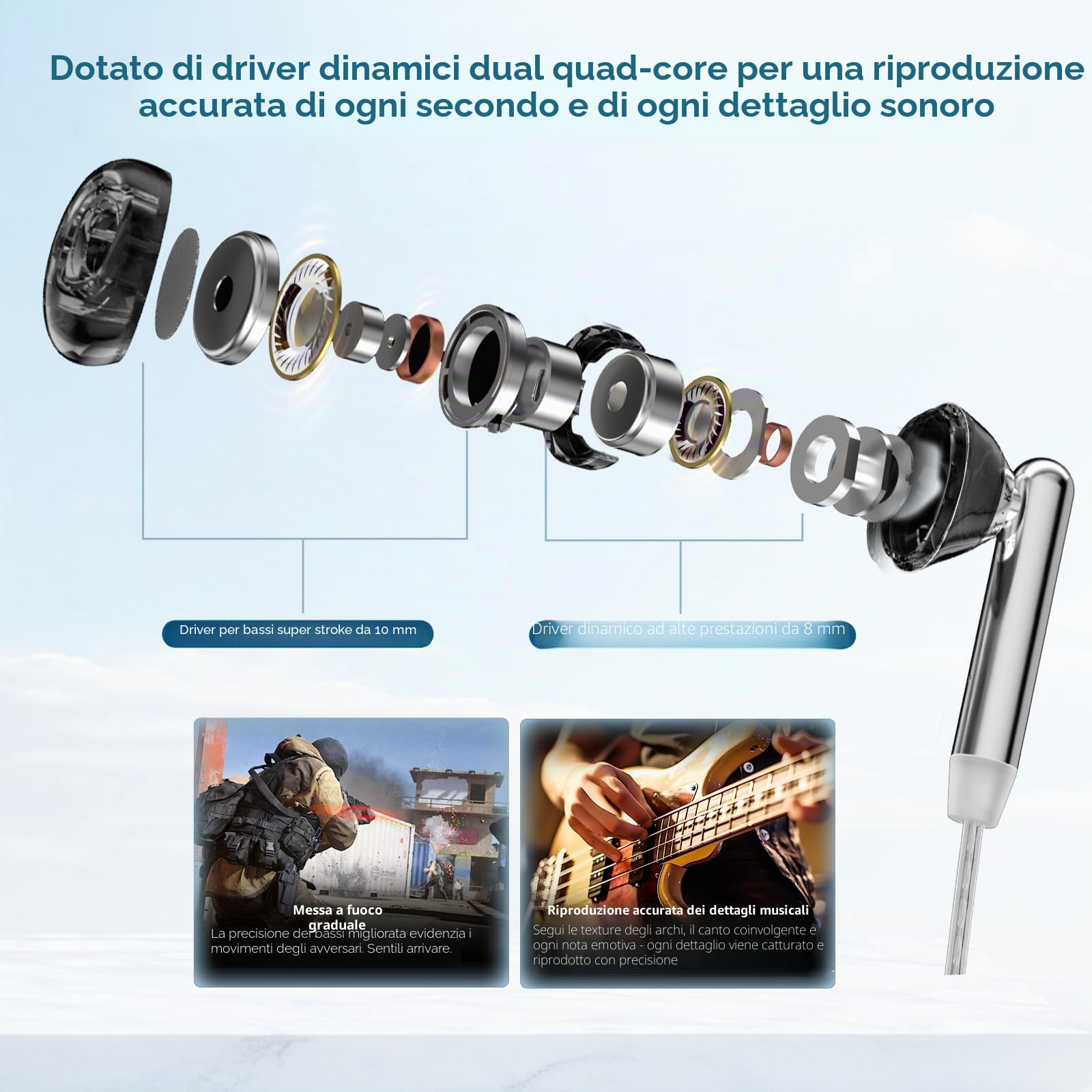 KZA COUSTICS KZ Duet - Auricolari in-ear, con doppio driver dinamico, per gaming, bassi HiFi, microfono con riduzione del rumore, cavo argentato, per PC, console, dispositivi mobili