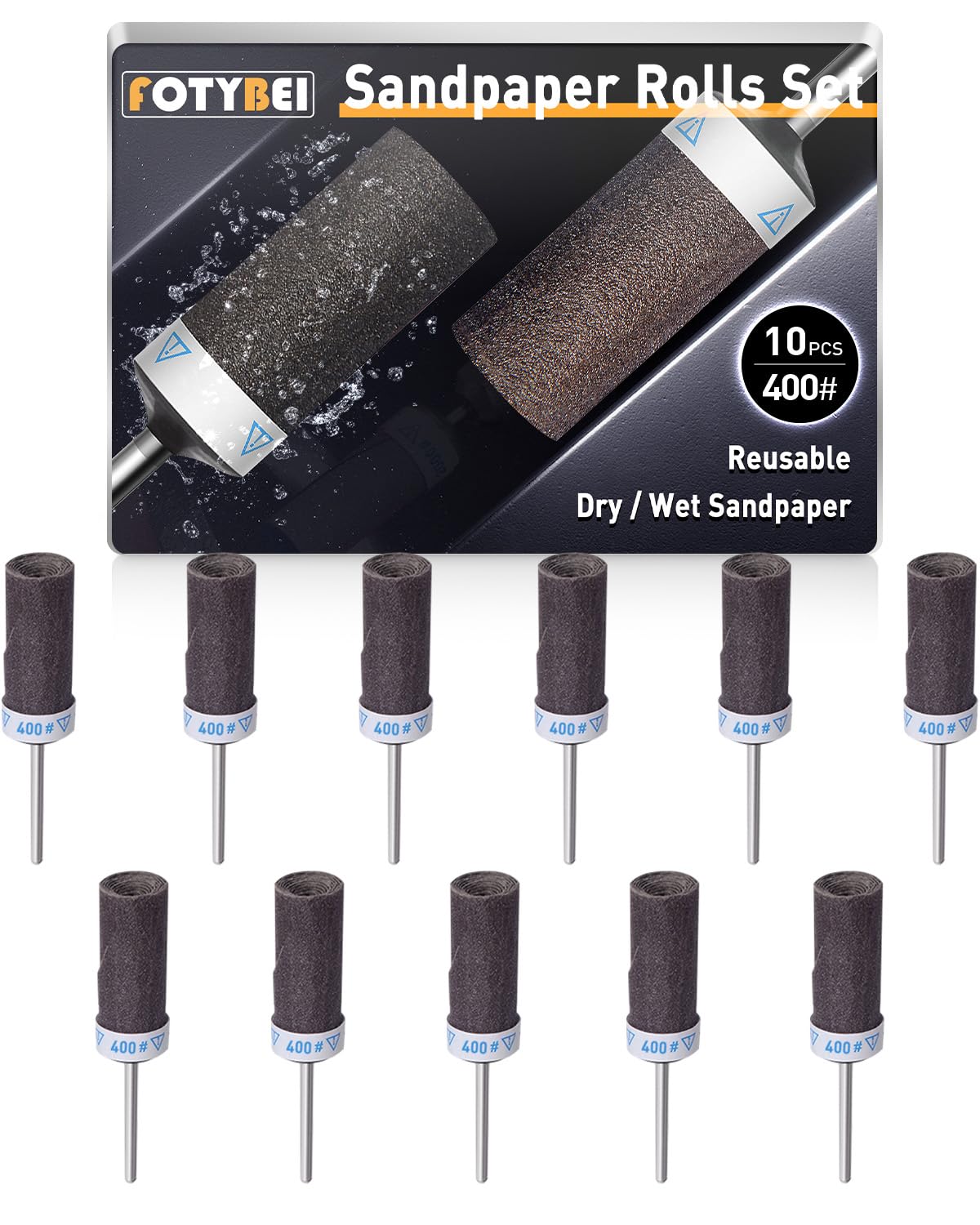 FOTYBEI 10Pcs 400 Grit Sanding Drums Sandpaper Sticks Set for Dremel Rotary Tool Accessories with 1/8" Shank