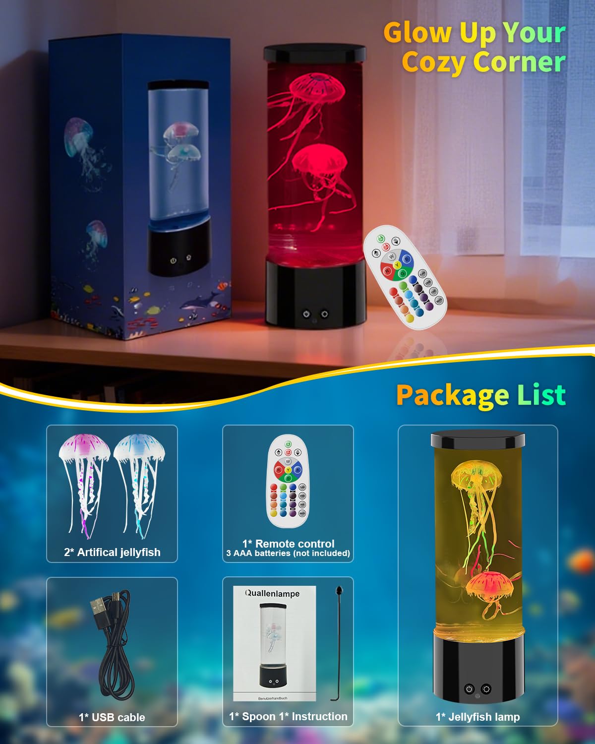 AONESY Jellyfish Lamp, Quallen lampe mit 17 Farben & Fernbedienung, Quallenlampe mit 4 Lichtmodi, Quallen Aquarium Lampe für Kinder, Quallen Lavalampe Stimmungslicht für Entspannung-Schwarz