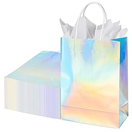 BLEWINDZ 32Pcs Small Paper Gift Bags with Tissues, Iridescent Party Favor Bags with Handles, Holographic Silver Gift Bag for Wedding Baby Shower Birthday Shoppings Party Supplies