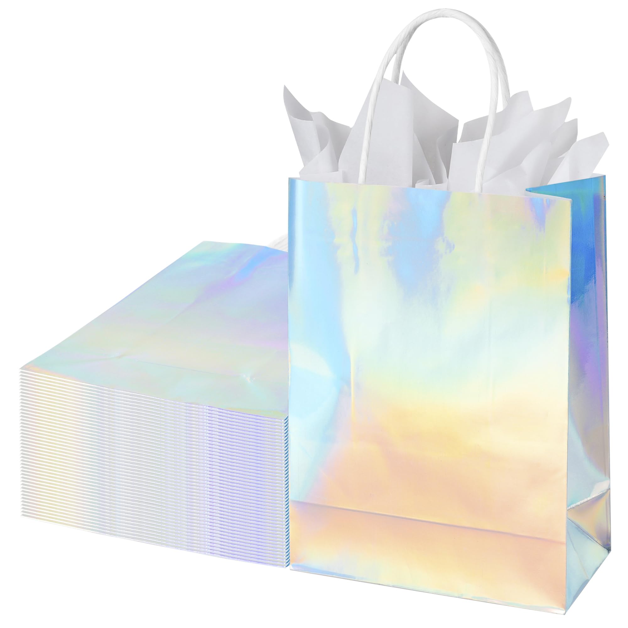 BLEWINDZ 32Pcs Small Paper Gift Bags with Tissues, Iridescent Party Favor Bags with Handles, Holographic Silver Gift Bag for Wedding Baby Shower Birthday Party Supplies