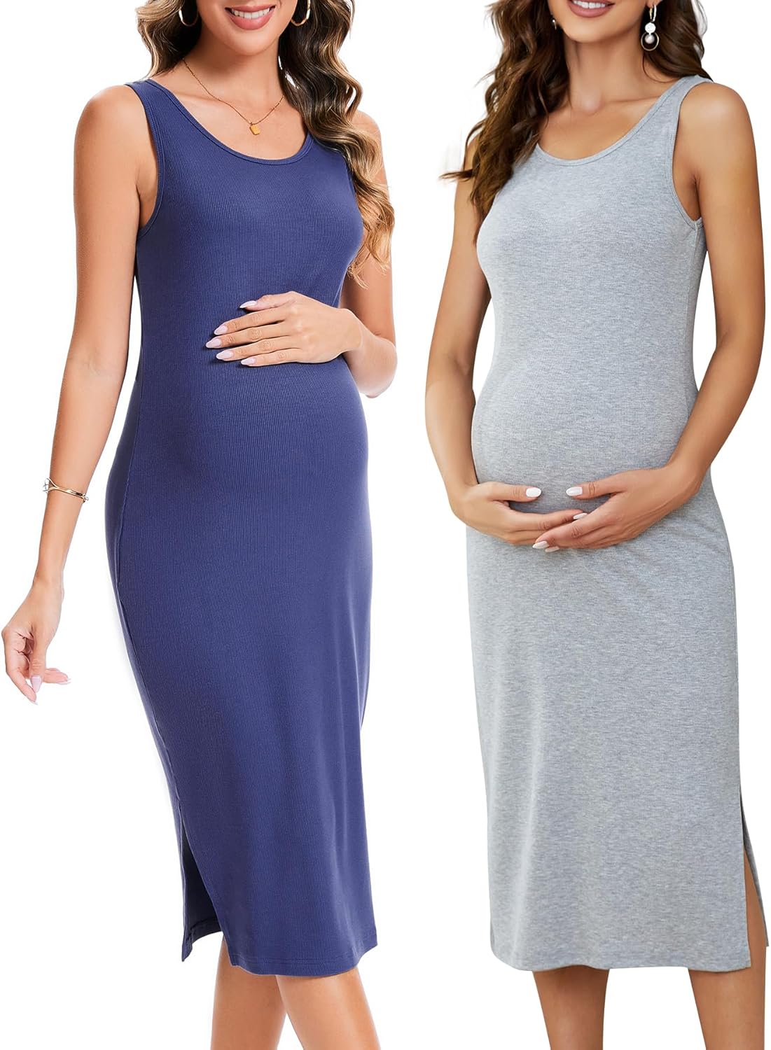 Brynmama 2er-Pack Umstandskleider Sommer Kleider Schwangerschaft ärmellos Seitengeteilte Unstandskleidung Langes Umstandsmode Kleid