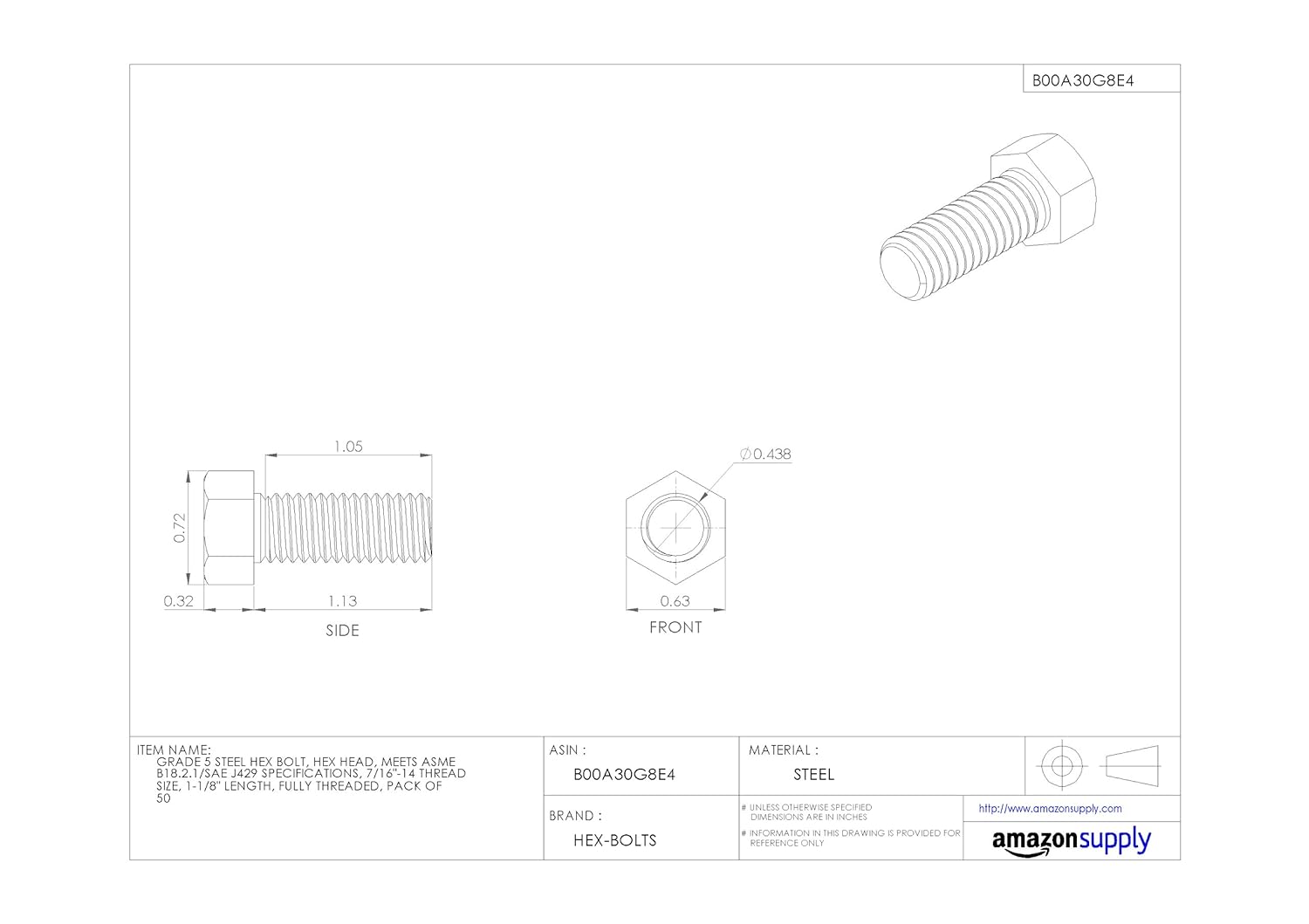 Steel Hex Bolt, Grade 5, Plain Finish, Hex Head, External Hex Drive, Meets ASME B18.2.1/SAE J429, 4" Length, Partially Threaded, 1/4"-28 Threads, Imported (Pack of 50)