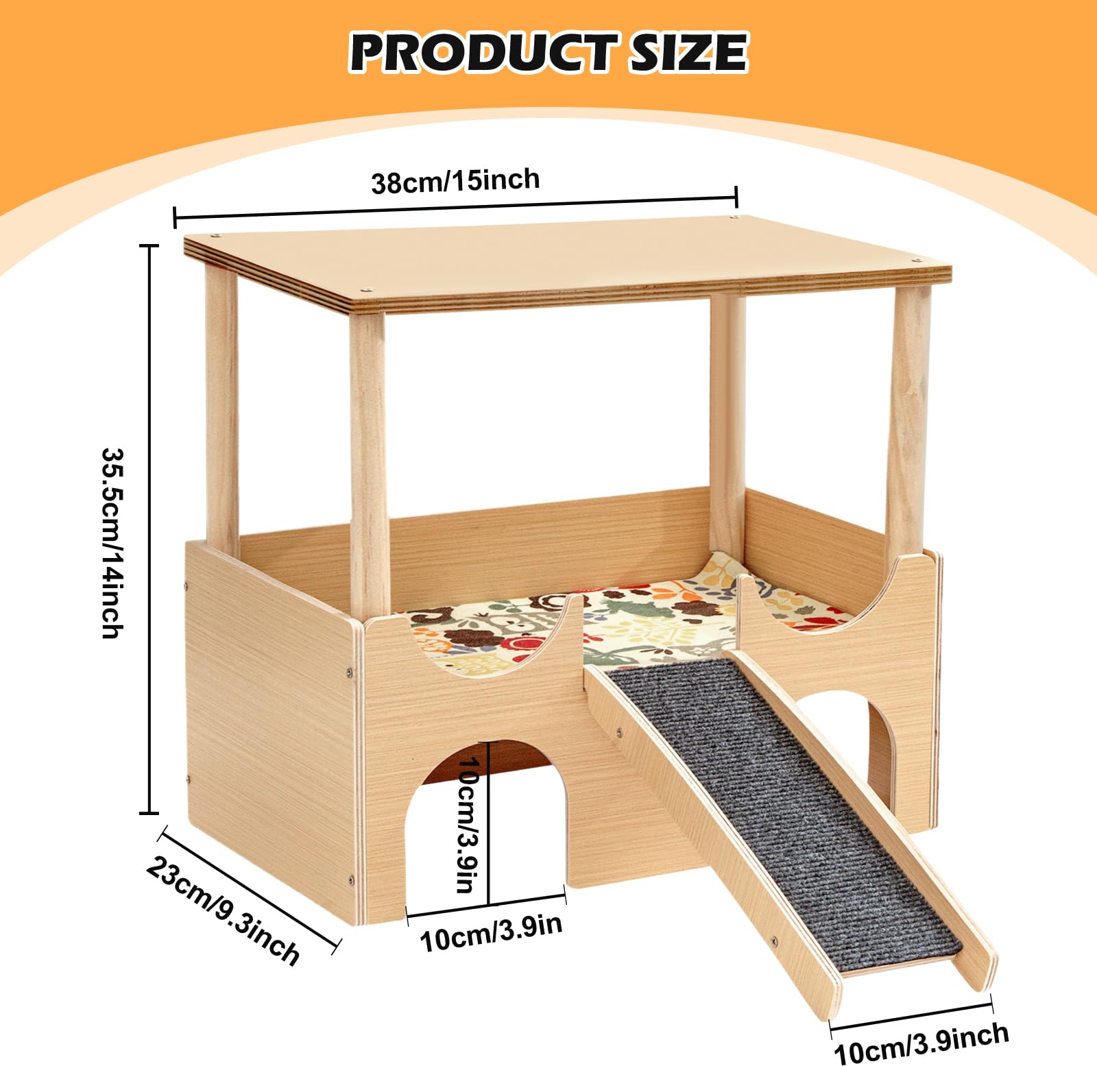 Cachette pour cochon d'Inde à plusieurs étages - Lit en bois avec escalier et tapis - Maison en bois pour hamster - Maison amovible à plusieurs chambres - Pour lapin, chinchilla Habitat (jaune)