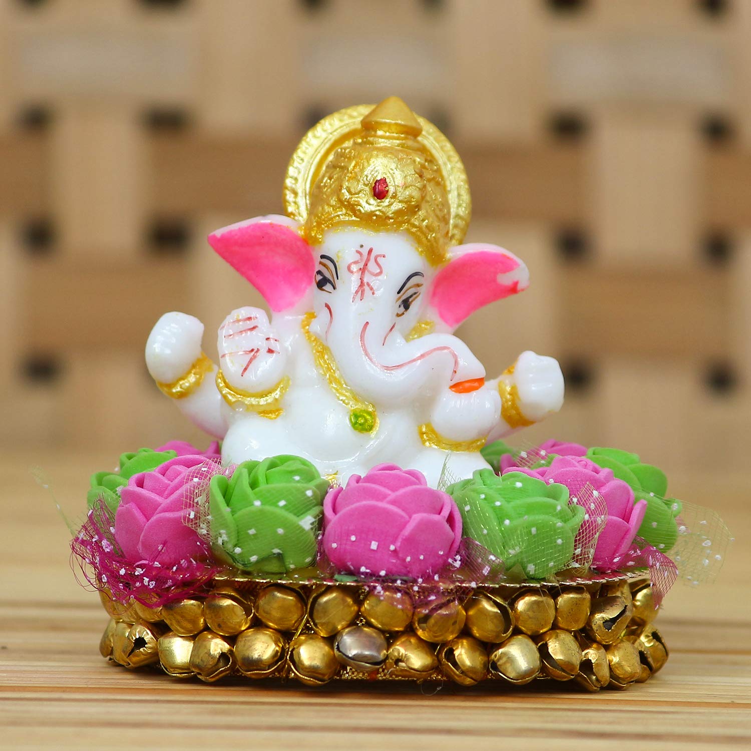 eCraftIndia Golden and White Polyresin Lord Ganesha Idol On Decorative Handcrafted Plate with Pink & Green Flowers - God Idol for Car Dashboard, Home, Office Decor for Ganesh Chaturthi