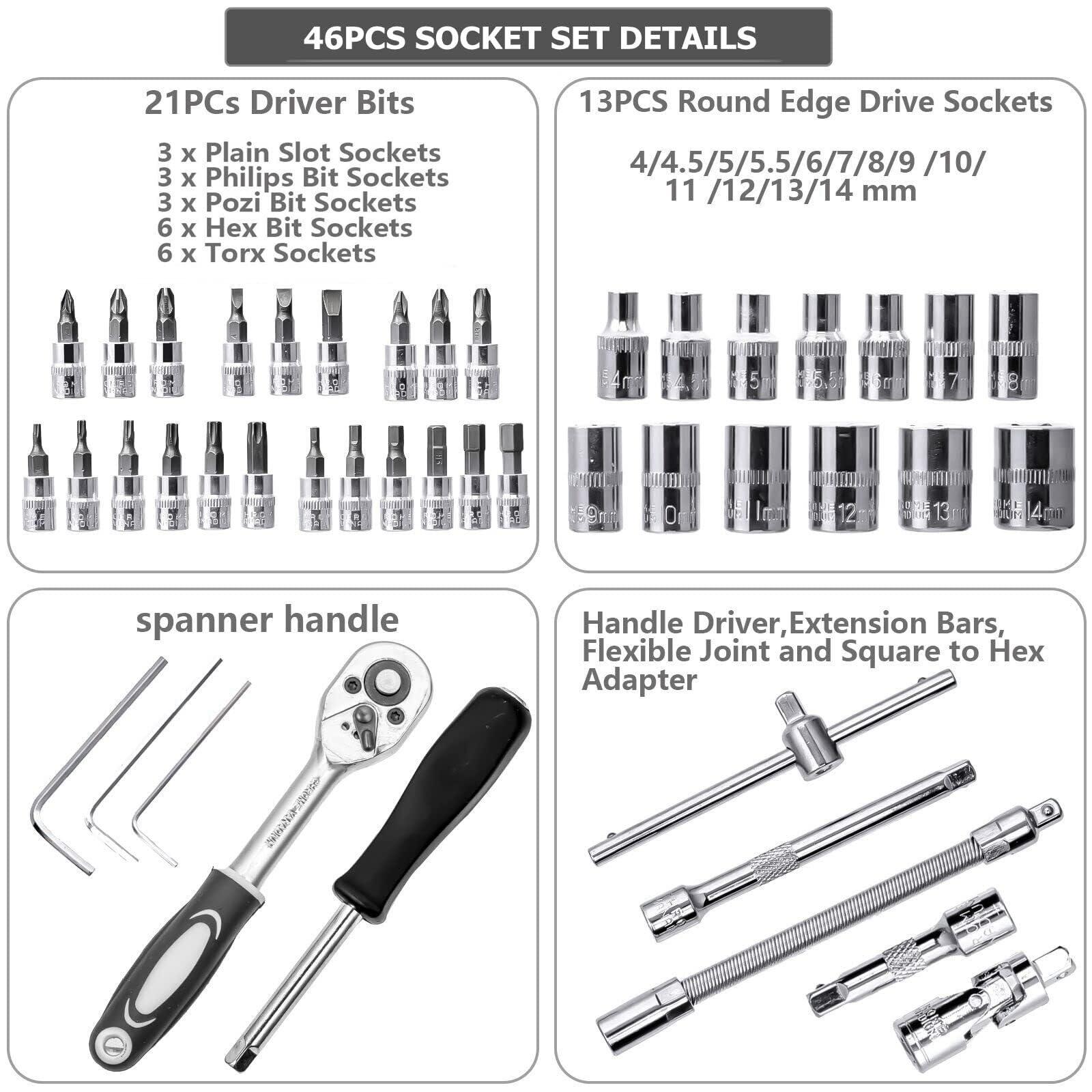 Zestaw Narzędzi Walizka na Narzędzia 46PCS 1/4 cala Zestaw nasadek metrycznych kluczy grzechotkowych Zestawy narzędzi mechanicznych Naprawa samochodów domowych Wszechstronny