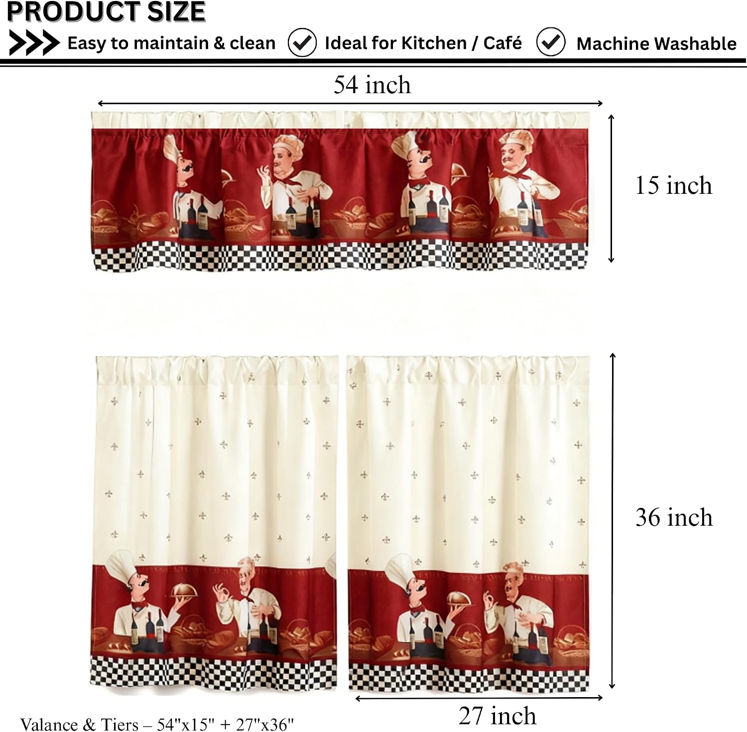 MarCielo 3 Piece Printed Floral Kitchen/Cafe Curtain with Swag and Tier Window Curtain Set, Chef