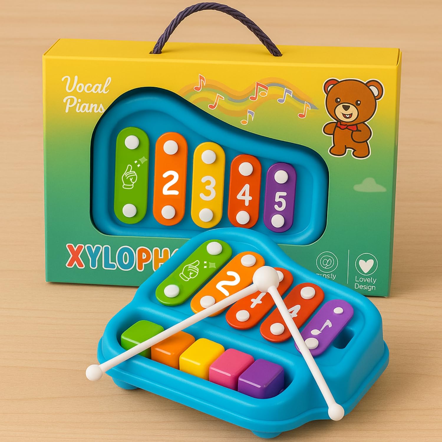TOYTONIC 2-in-1 Piano Xylophone for Kids | Multicolor 5-Key Musical Toy with 2 Mallets | Educational Non-Toxic Instrument for Toddlers, Boys & Girls | Early Learning Sound & Music Playset