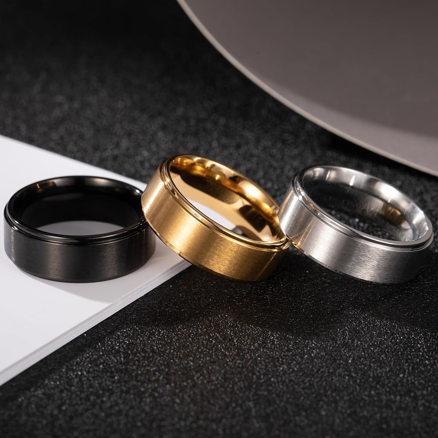 3Pcs Titanium Rings for Men 8mm, Black Gold Silver Mens Wedding Band Set Stainless Steel Matte Brushed Finish Stepped Edges Comfort Fit Ring for Men Women Size 7-12 - Image 7