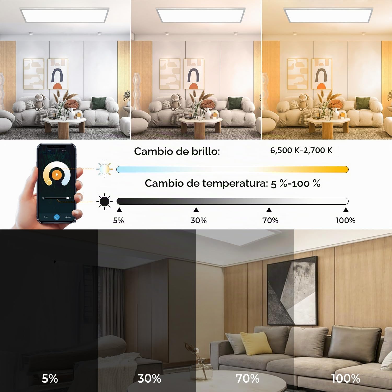 Omdekor Inteligente Plafón LED Regulable 100x25CM, 28W Plafón LED Inteligente con Mando Distancia, Control APP 2700K-6500K Panel Rectangular, Plafones con Función Memoria para Salón, Baño, Cocina