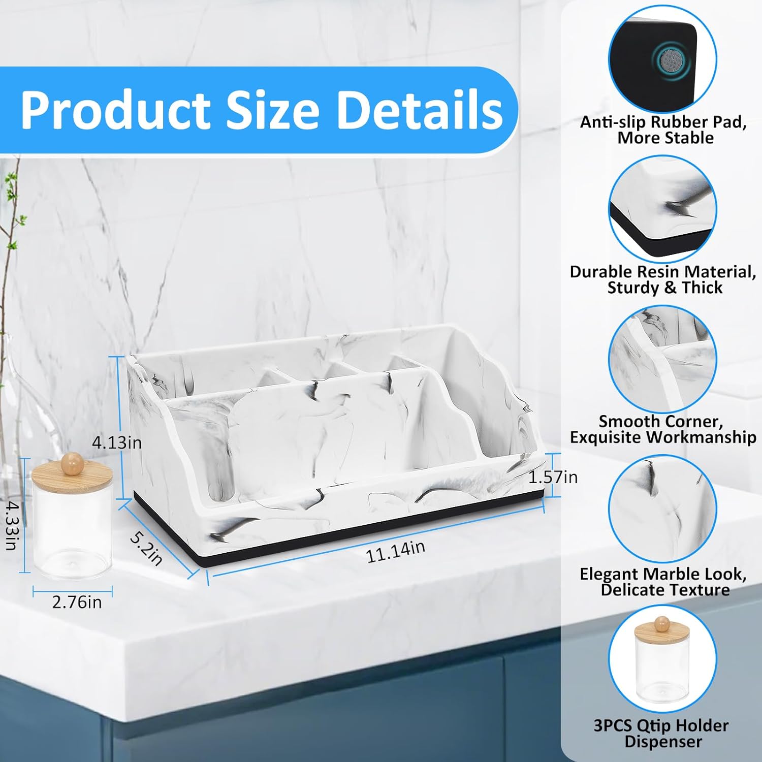Marble Toothbrush Holder for Bathroom Organizer Countertop, Toothbrush Organizer with 3PCS Qtip Holder Dispenser, Toothbrush and Toothpaste Holder for Bathroom Counter Organization Storage Vanity